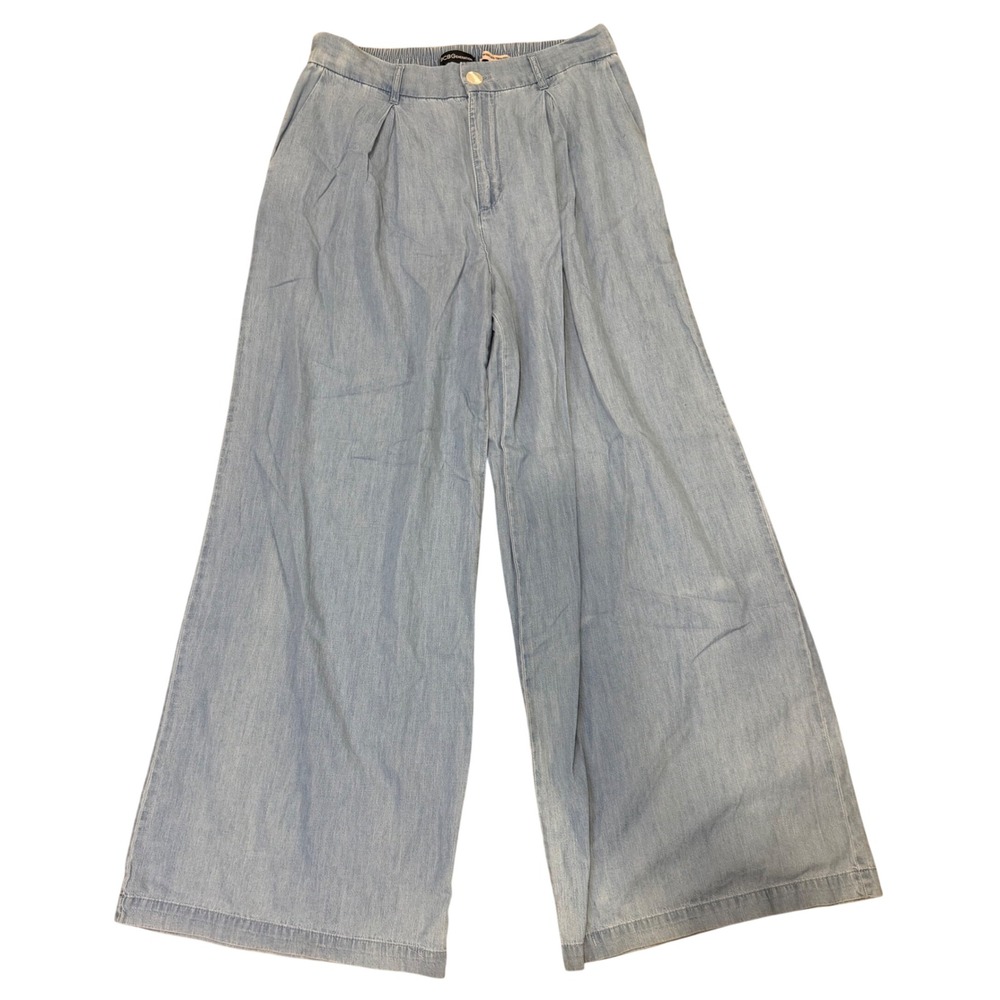 BCBGeneration Wide Leg Trouser Pants Light Wash Chambray Cotton Pleated Blue L
